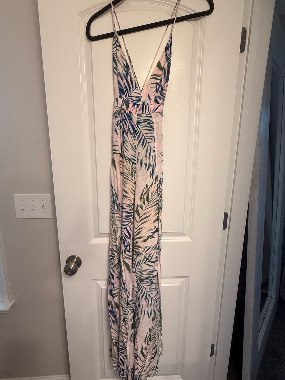 Olivaceous Tropical Print Maxi Dress in Blush with Green & Blue Leaves